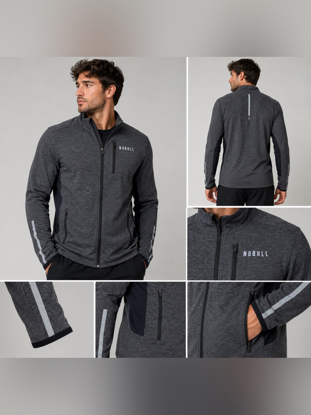 NOBULL 4-Way Stretch Woven Jacket Medium Gray Athletic Full Zip Reflective